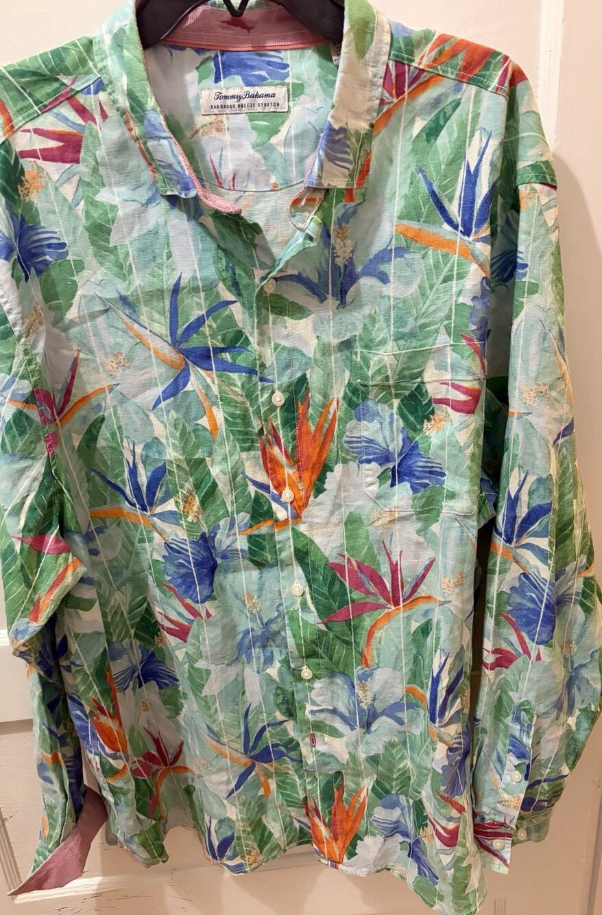X-15 Tommy Bahama Barbados Breeze Stretch Shirt XXL Reverse Floral Print Linen
